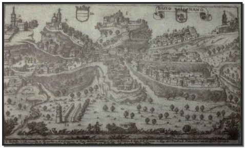 Veduta prospettica della città di Bisignano. Tratto da: Giovanni Battista Pacichelli, Il Regno di Napoli in prospettiva, Mutio, 1703.